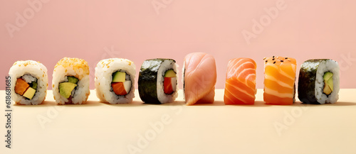 several different kinds of sushi on a white surface Generated by AI