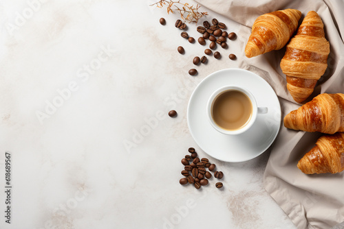 morning with cups of hot black coffee and sweet croissants on white background. Top view, copy space. Food and drinks. Generative AI