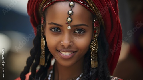 a young, attractive, woman from the oromo Tribes of Ethiopia beautiful Cushitic Ethiopian features. coy smile, happy. generative AI