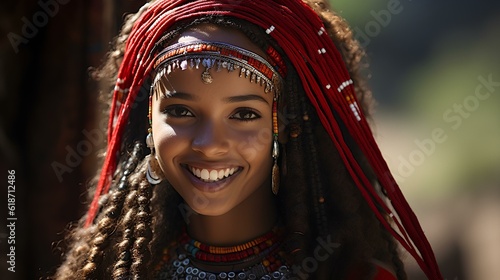 a young, attractive, woman from the oromo Tribes of Ethiopia beautiful Cushitic Ethiopian features. coy smile, happy. generative AI