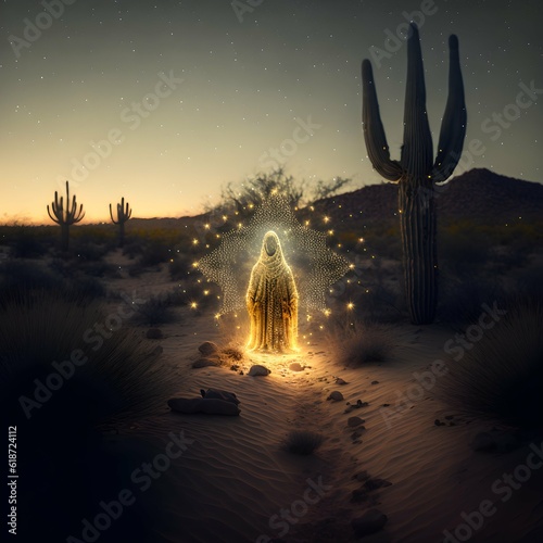 A 1978 photograph of a spirit guide in a sacred space in tucson arizona lonely early morning sunrise stars sonoran desert atmosphere 1978 soft cinematic lighting attention to detail extremely 