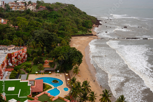 Beautiful aerial view of the Dona Paula coastline depicting a dramatic monsoon setting and holiday mood at Donapaula Goa India