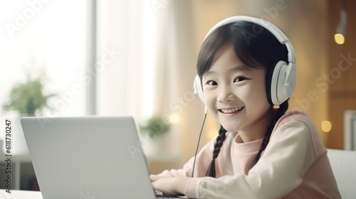Asian little girl taking an online class on laptop.