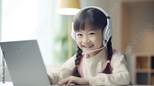 Asian little girl taking an online class on laptop.
