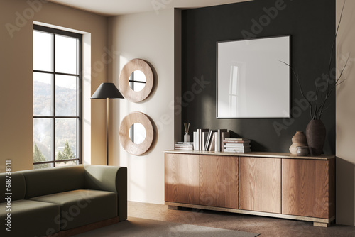 Cozy chill room interior couch and dresser near panoramic window, mockup frame