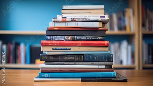 A tall stack of various textbooks representing different subjects, ready for a new academic year. Generative AI.