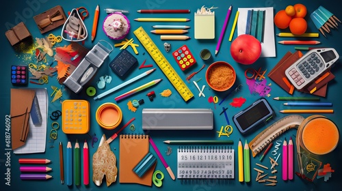 A vibrant assortment of school supplies including notebooks, pencils, and rulers, neatly arranged. Generative AI.