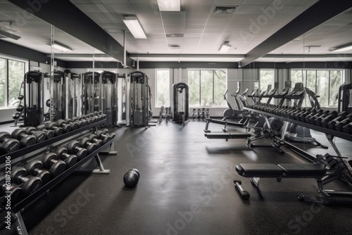 gym, with racks of dumbbells and weight plates, and row of cardio machines, created with generative ai