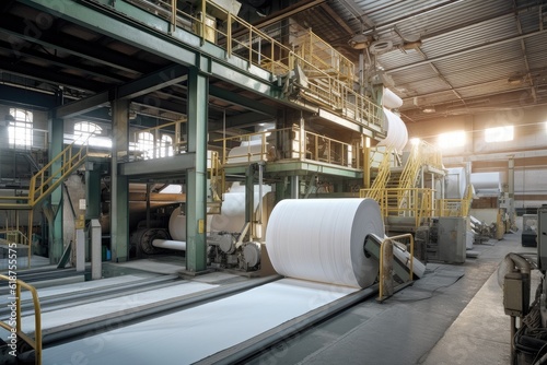 pulp and paper plant, with machinery producing high-quality paper products, created with generative ai