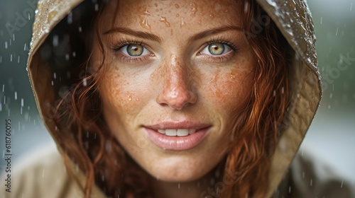 Close up of a woman with piercing hazel eyes stands in the rain.Ai-generated