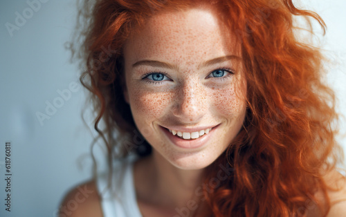 Close-up portrait of a beautiful smiling red-haired girl with freckled face and blue eyes