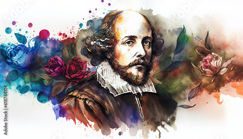 William Shakespeare watercolour painting of the famous English Elizabethan playwright and bard from Stratford Upon Avon born in the 16th century, computer Generative AI stock illustration image