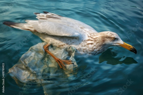 Seagull stuck in a plastic bag in the water