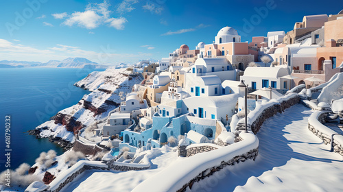 A view of a snow covered town on the edge of the ocean. Generative AI. Imaginary greek village in Santorini island in winter under snow.