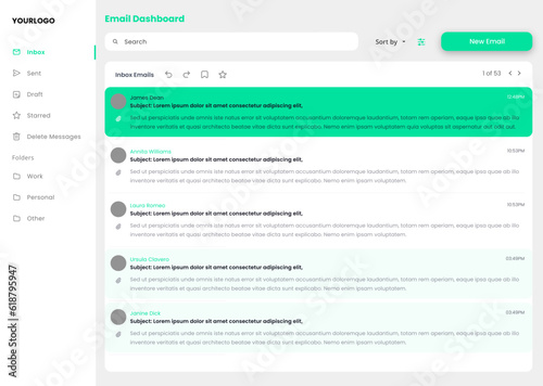 Email Dashboard and Emails Inbox CMS Newsletter and Messaging UI Kit, Contacts Message Template