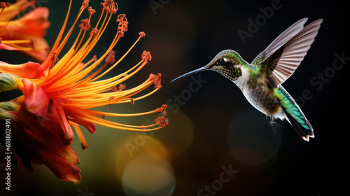 hummingbird drinking nectar from a flower , macro , AI generated