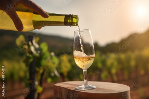 white wine from a bottle is poured into a glass on the background of vineyards .generative ai.