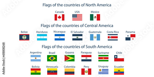 Flags of the countries of the world. Flags of the countries of North America, Central America, South America. Geography, atlas, world, travel