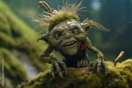 Troll creature in green magic forest. Generative AI 6three dimensional, realistic, portrait, funny, troll, creature, person, mythical creature, gnome, fantastic, character, nature, magic, green, fores