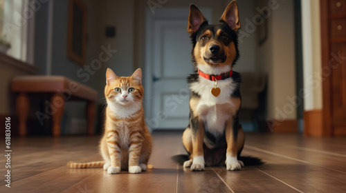 Happy Cute Cat And Dog With Collars On The Floor. Generative AI