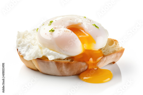Sliced poached egg with liquid yolk flowing out on a slice of toasted bread isolated on a white background. Healthy bruschetta for breakfast with greenery. Generative AI.