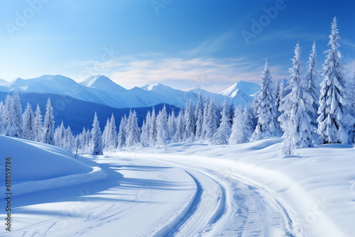 Snowy and frozen mountain road in winter landscape. ai generative