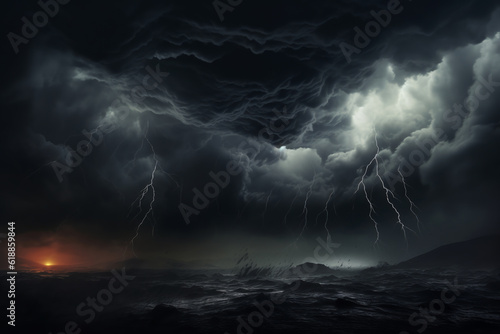 dark dramatic sky with black storm clouds before rain or snow as abstract background, extreme weather, sun shines through clouds.ai generative