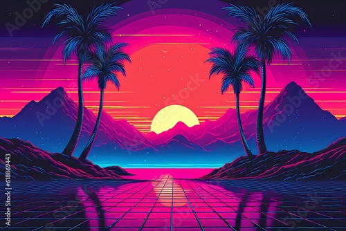  Retro futuristic sci-fi, 90s nostalgia. Neon colors of night with stargazing sky, cyberpunk vintage illustration with palms. Landscape of retrowave. Cyberpunk 2077