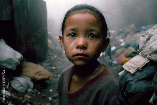 portrait of a child, portrait of a child, portrait of orphaned child with asian features living among garbage. image created with ai