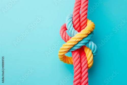 Top view of colorful ropes tied together on light blue background, space for text