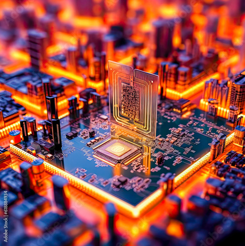 Surreal science fiction cityscape of a micro city, microchip, processor, electronics, circuit, generative AI