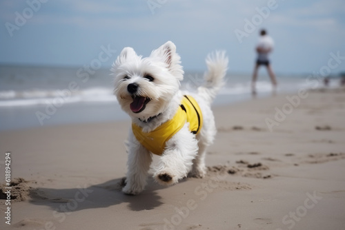 white fluffy puppy running on the beach, Generative AI