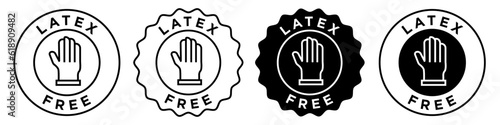 latex free icon. Vector badge collection of latex allergic protection sign. Non Latex material product gloves seal emblem. No rubber hand finger care circle stamp symbol set