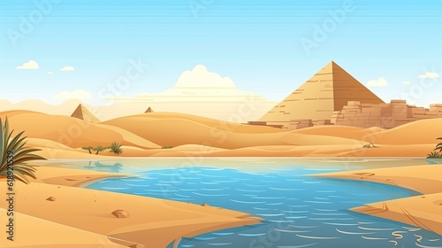 Egyptian desert with river and pyramids landscape in the desert