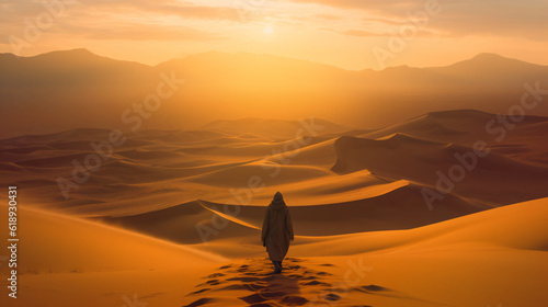 a lonely nomad in the desert landscape with dunes and patterns of sand, fictional landscape created with generative ai