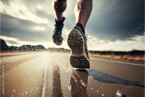 a person running on a wet road in the middle of the day with the sun shining on the ground and the shoe of the runner in the foreground of the photo is visible shoe.
