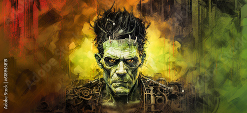 Artwork featuring the classic monster Frankenstein. His ugly face is green and stitched together. 