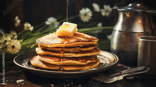 Stack of hot pancakes for breakfast with sticky maple syrup dripping of the pile and the plate. 