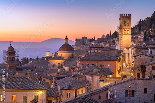 Assisi, Italy rooftop hilltop old Town at Dusk
