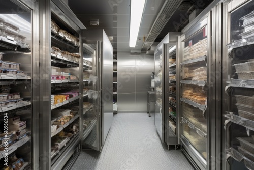 remarkable walk-in freezer, with towering stacks of frozen products and frozen exterior, created with generative ai