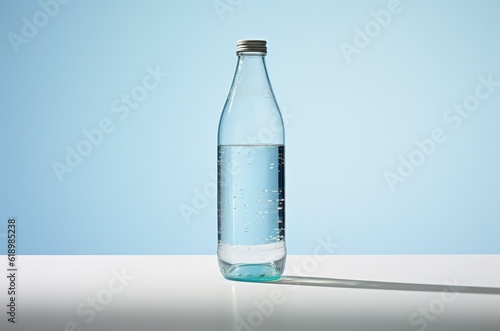 Una botella de agua encima de una mesa. Minimalista.