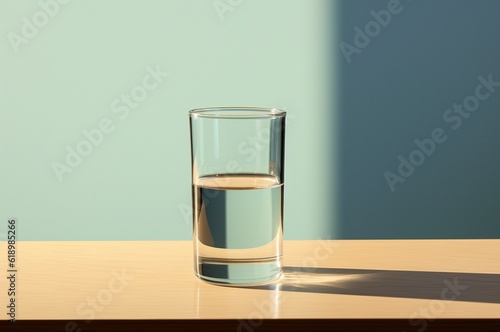 Un vaso de agua encima de una mesa. Minimalista