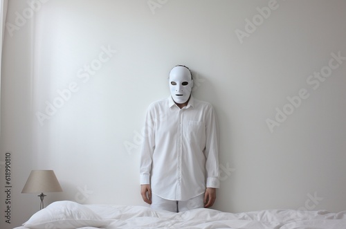 Un hombre con una máscara blanca y una camisa del mismo color