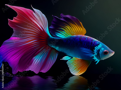 Colorful fantasy betta fish on black background. ai generated