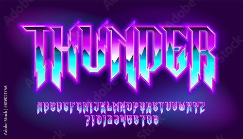Thunder alphabet font. Glowing letters and numbers in heavy metal style. Retro typescript for your typography design.