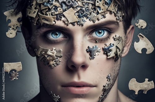 forgetting who one is due to dissociative disorders. His face half of cover the puzzles.