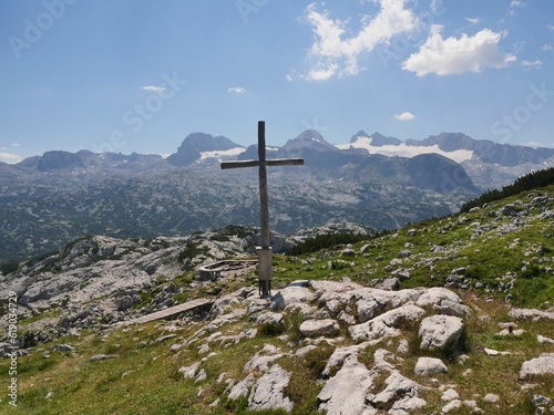 Cross in Karst plateau in the Dachstein group near lake Hallstatt in Salzkammergut, Austria