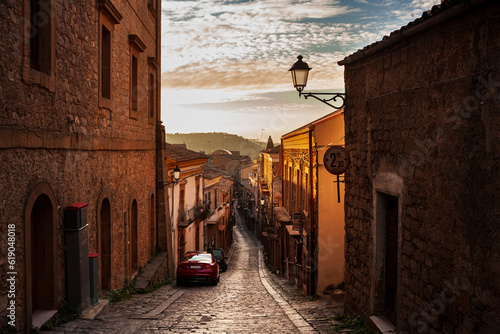 Street with old houses at Aidone, Enna province, Sicily in Italy