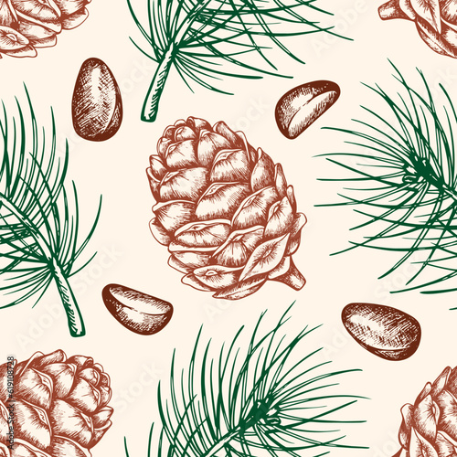 Seamless pattern with pine cone and nuts.