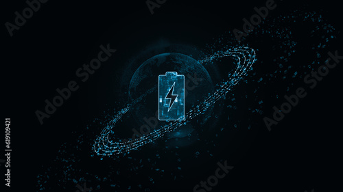 Blue digital battery logo with particle ring circle rotation and earth sphere with ai technology icon on futuristic abstract background power reserve concepts